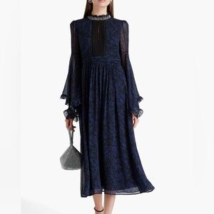 Saloni Hope Beaded-collar Floral-print‎ Silk Dress In Blue